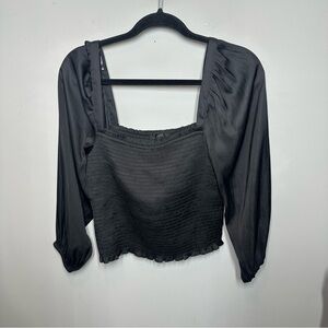 J.Crew Squareneck Smocked Featherweight Satin Cropped Top in Black